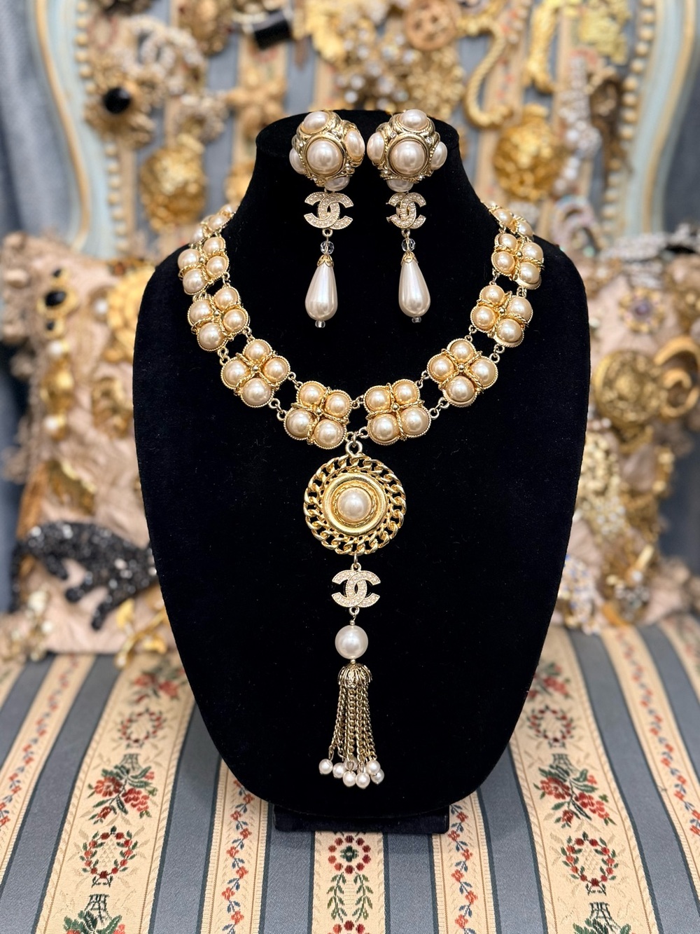 Gold and Pearl Dangle Necklace & Earring Set